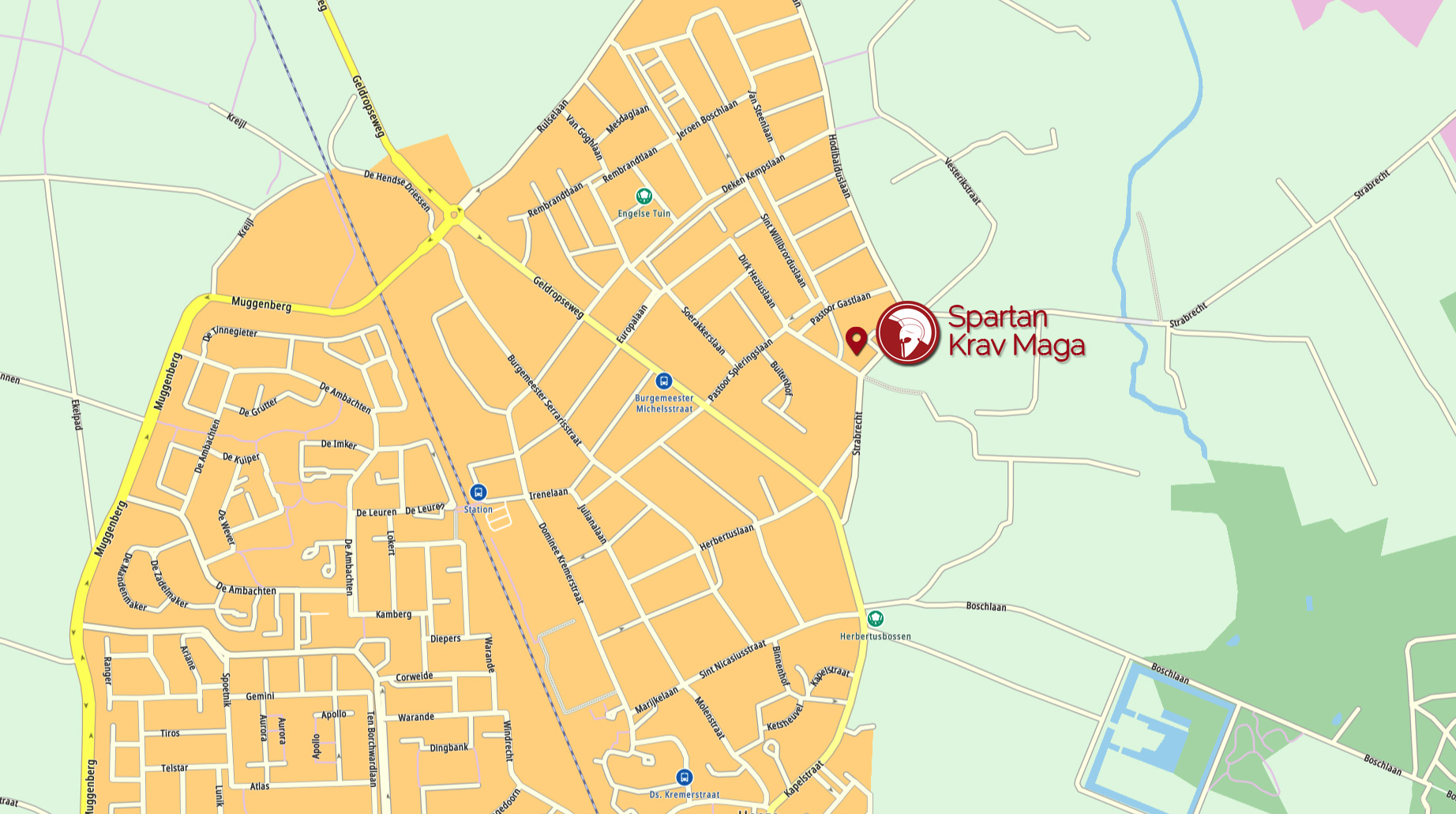 Een kaart van Heeze met daarop de locatie van Spartan Krav Maga op Strabrecht 14